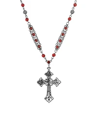 Symbols of Faith Black-Tone Gothic Cross Red Beaded 16" + 3" Chain Necklace