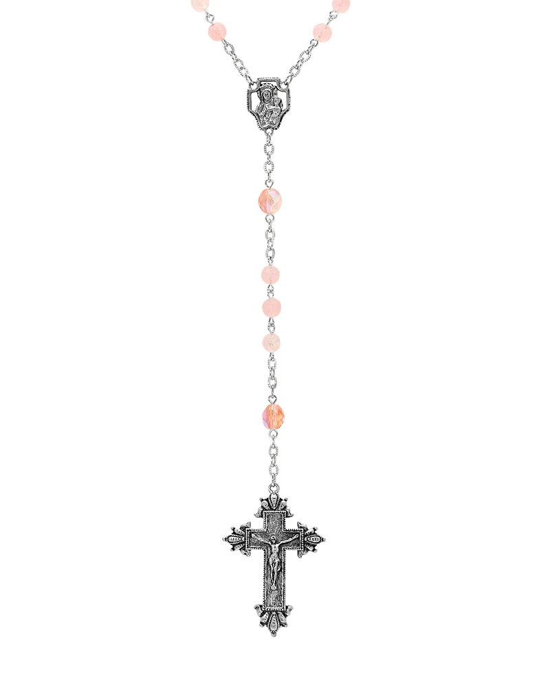 Symbols of Faith Silver-Tone Light Pink Beaded Crucifix Rosary