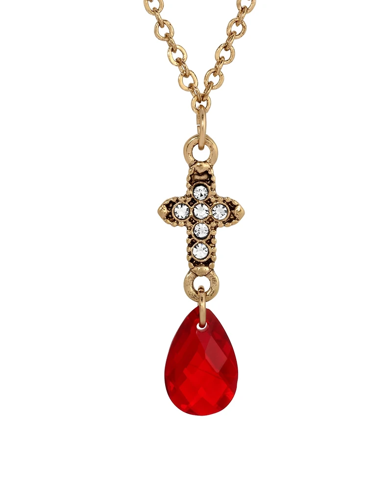 Symbols of Faith Gold-Tone Cross Clear Crystals Red Briolette Drop 16" Necklace
