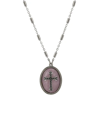 Symbols of Faith Silver-Tone Oval Rose Quartz Stone Pewter Cross 18" Necklace