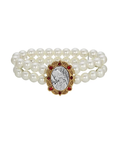 Symbols of Faith Faux Pearl Bracelet With Red Crystals Silvertone Angel
