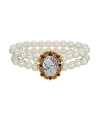 Symbols of Faith Faux Pearl Bracelet With Red Crystals Silvertone Angel