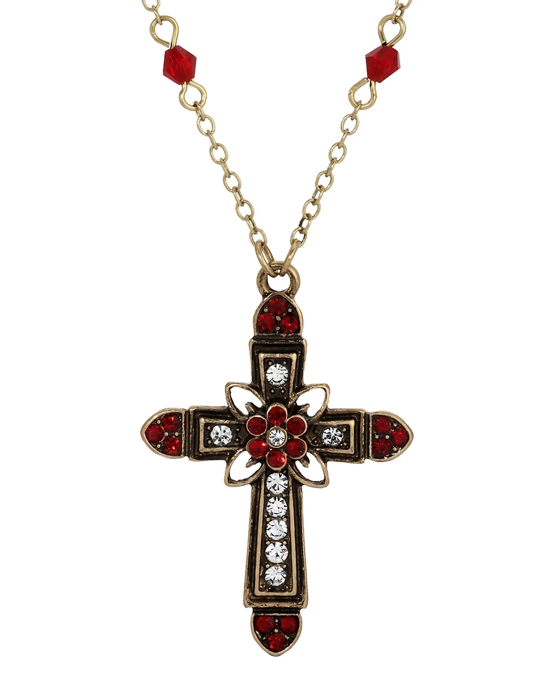 Symbols of Faith Gold-Tone Cross Center Flower Clear Crystals Siam Bead Chain 16"+3" Necklace