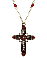 Symbols of Faith Gold-Tone Cross Center Flower Clear Crystals Siam Bead Chain 16"+3" Necklace