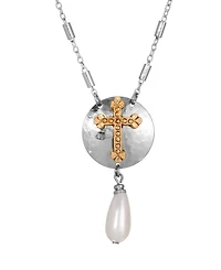 Symbols of Faith Silver Shield and Cross Pearl Drop 16" + 3" Necklace