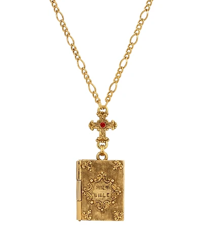 Symbols of Faith Gold Tone Cross Red Stone Bible Locket Jesus Calvary Decal 28" Necklace
