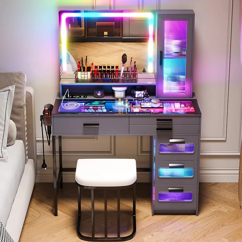 Vlsrka Led Vanity Desk Set with Rgb Mirror, Remote & Charging Station