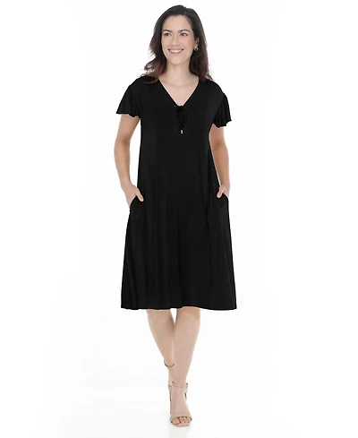 White Mark Women's V-Neck Tie Front Flutter-Sleeve Shift Dress