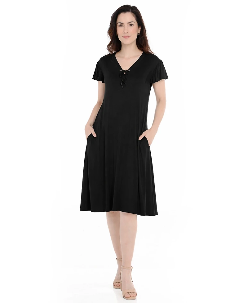 White Mark Women's V-Neck Tie Front Flutter-Sleeve Shift Dress