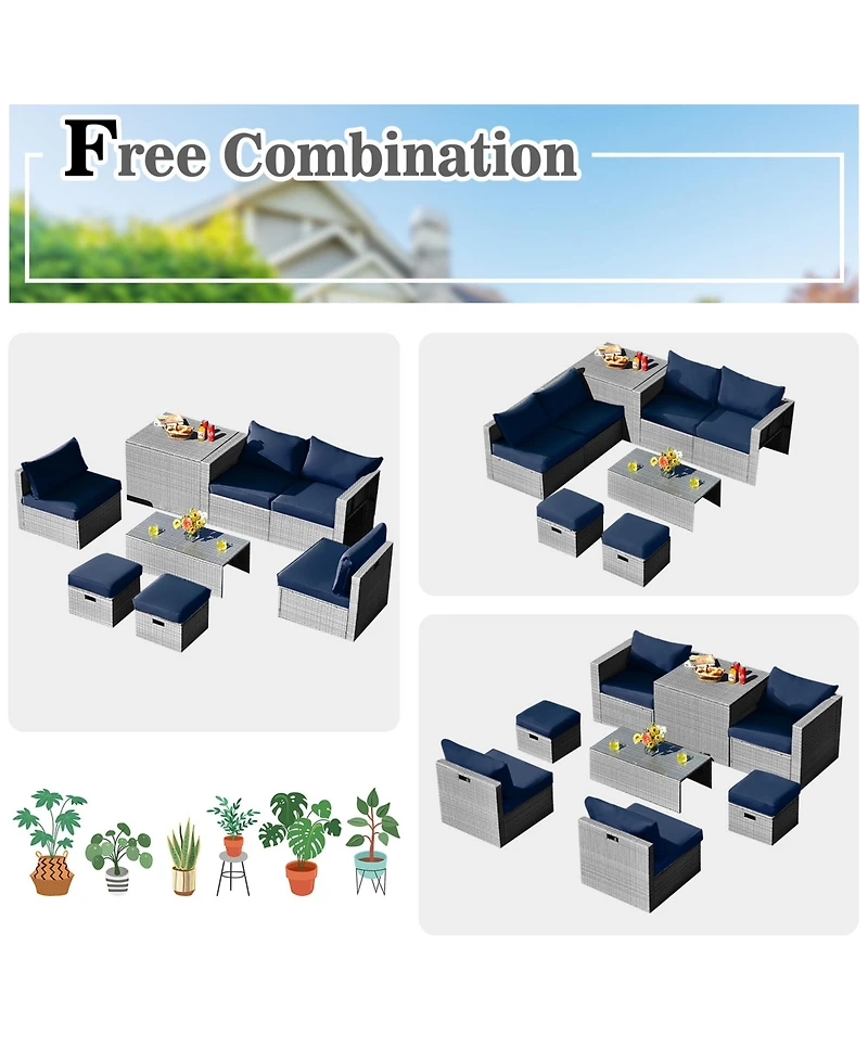 Gymax 8 Pieces Rattan Patio Space-Saving Furniture Set with Waterproof Cover and Cushions.