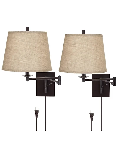 Franklin Iron Works Brinly Farmhouse Rustic Swing Arm Wall Lamps Set of 2 Matte Brown Metal Plug-in Light Fixture Burlap Shade for Bedroom Living Room