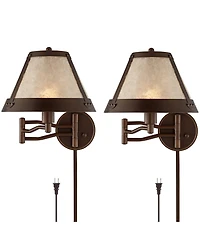 Franklin Iron Works Samuel Mica Shade Plug-In Swing Arm Wall Lamp with Cord Cover Set of 2