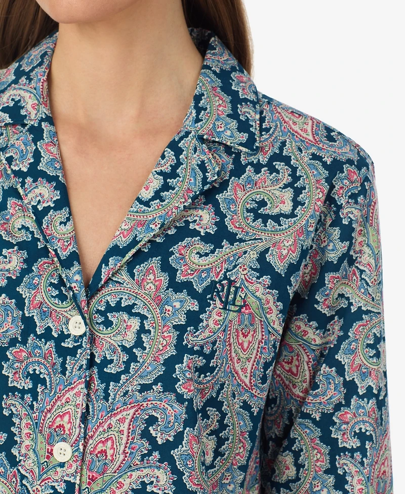 Lauren Ralph Petite Notch Collar Printed Top and Mid Rise Pajama Pants, 2-Piece Set