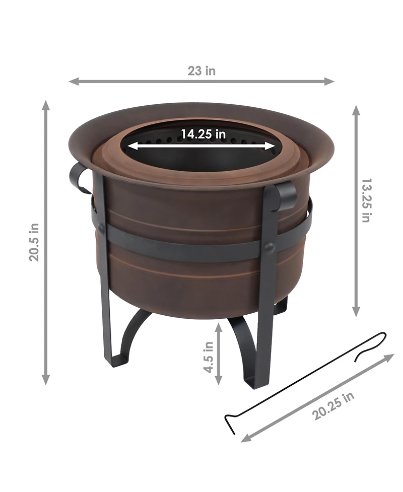 Cauldron-Style Outdoor Wood-Burning Steel Smokeless Fire Pit with Poker - 23"