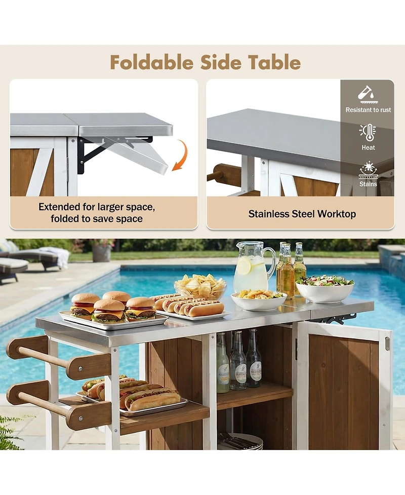 sumyeg Foldable Outdoor Kitchen Island Cart with Lockable Wheels, Storage Cabinet and Towel Rack