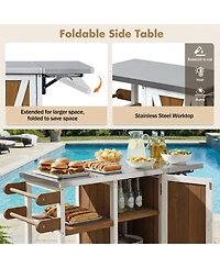 sumyeg Foldable Outdoor Kitchen Island Cart with Lockable Wheels, Storage Cabinet and Towel Rack