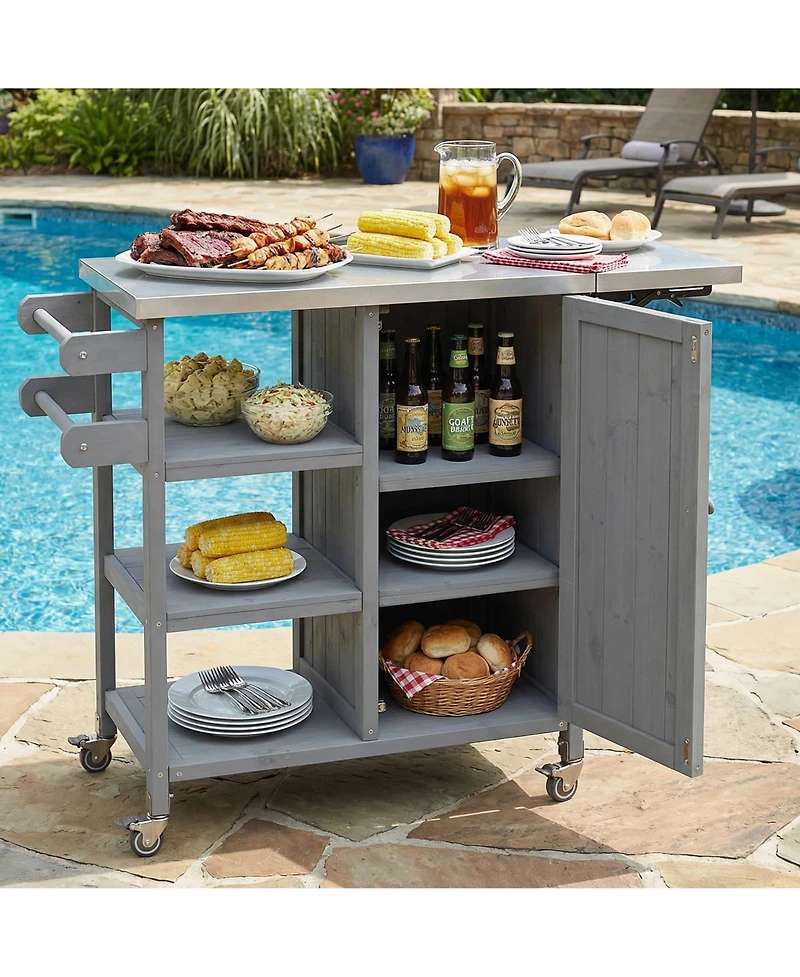 sumyeg Foldable Outdoor Kitchen Island Cart with Lockable Wheels, Storage Cabinet and Towel Rack
