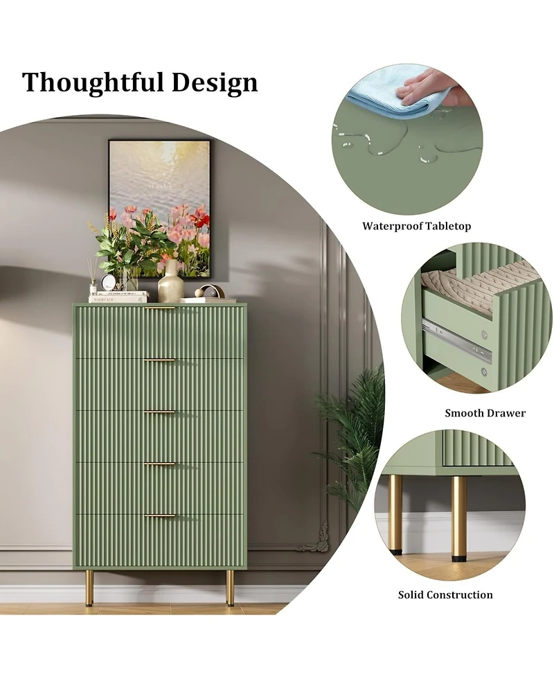 gaomon 1-Pc Wooden Modern 5-Drawer Fluted Dresser Furniture