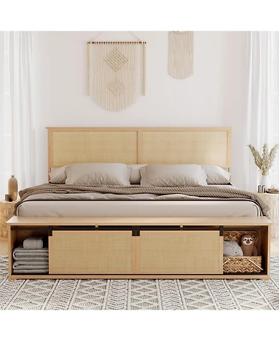 gaomon Rattan King Size Bed Frame with Sliding Barn Door Storage Cabinets and Led Light Headboard, Boho Farmhouse Wood Platform Bed with Solid
