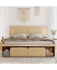 gaomon Rattan King Size Bed Frame with Sliding Barn Door Storage Cabinets and Led Light Headboard, Boho Farmhouse Wood Platform Bed with Solid