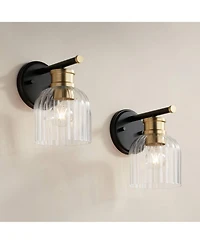 Stiffel Lana 9" High Modern Wall Sconce Light Lamp Fixture Mount Set of 2 Bathroom Bedroom Hardwired Warm Brass Glass Shade