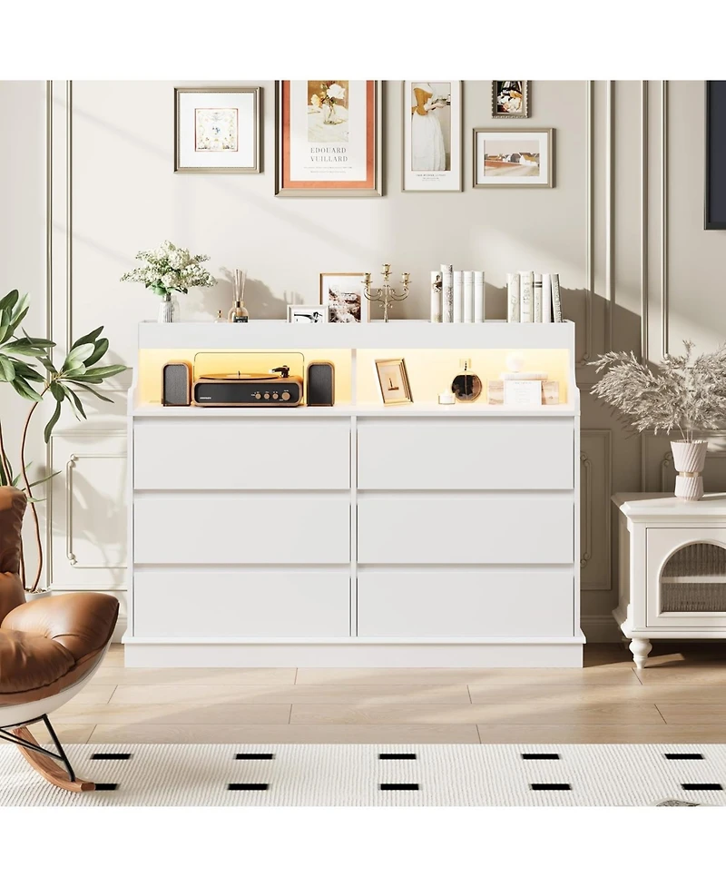 gaomon 6-Drawer Dresser with Led Lights & Charging Station, Modern Large Capacity Organizer