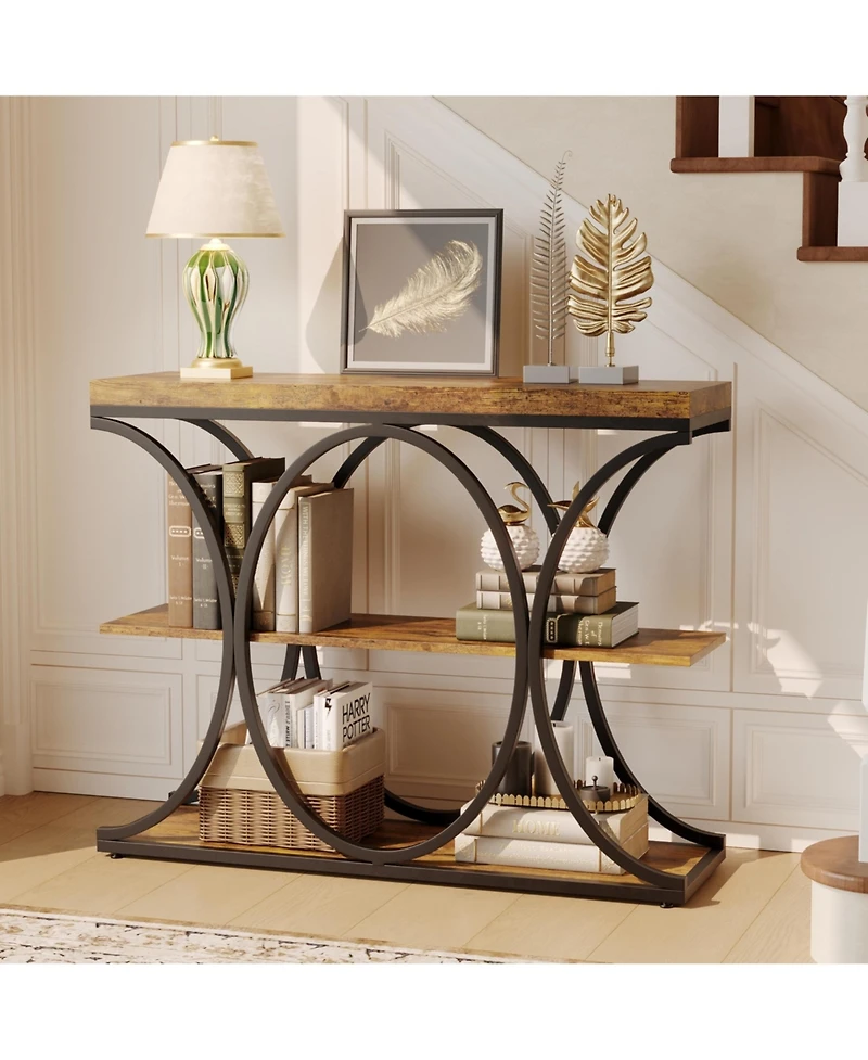 gaomon 39" Industrial 3-Tier Sofa Console Table with Oval-Shaped Metal Frame and Adjustable Feet, Entryway Table