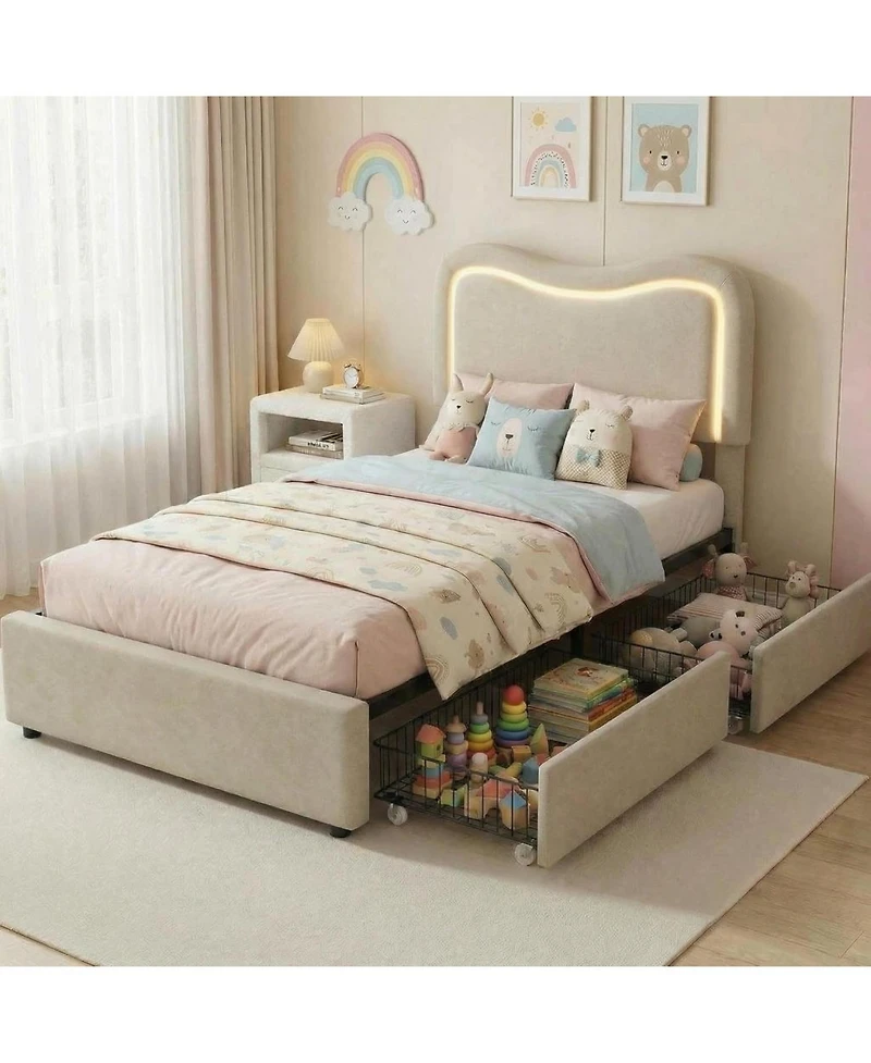 gaomon Full Boucle Bed Frame with 2 Storage Drawers and Led Headboard, Upholstered Platform for Kids