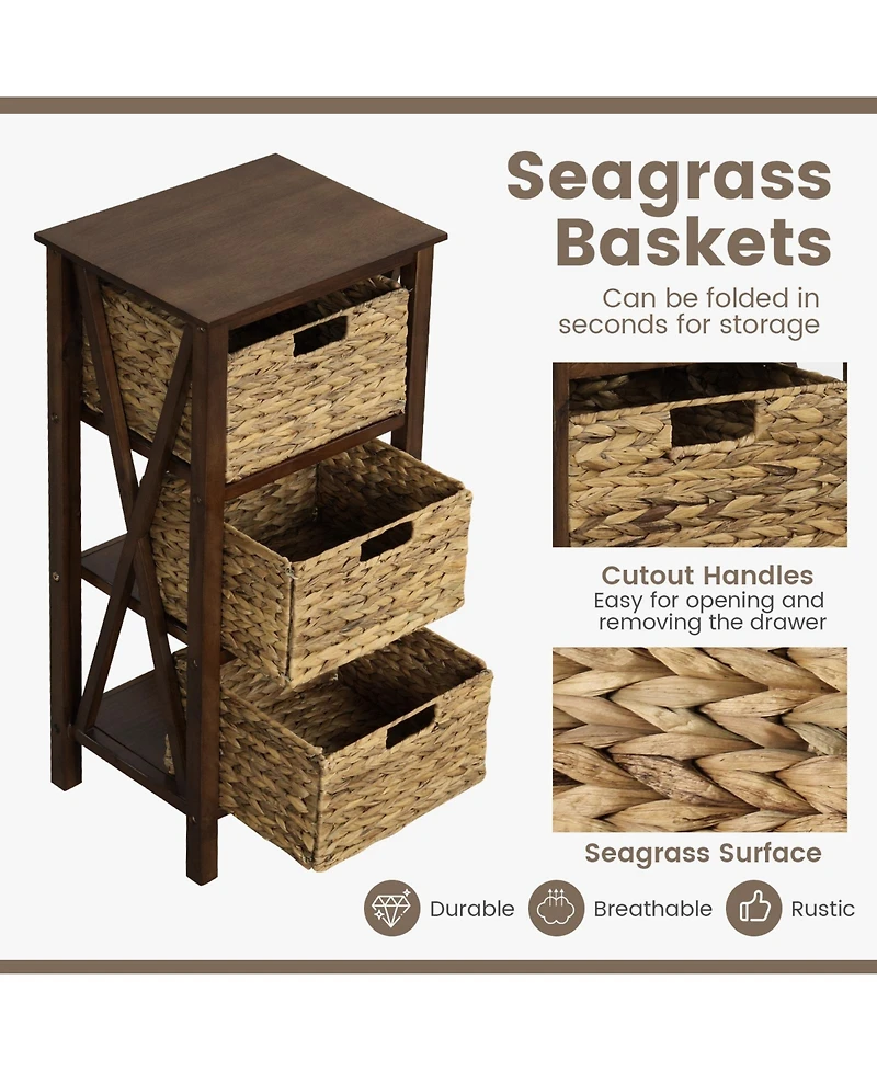 Gouun 3-Tier Narrow Nightstand with 2 Woven Baskets and X-Frame Design