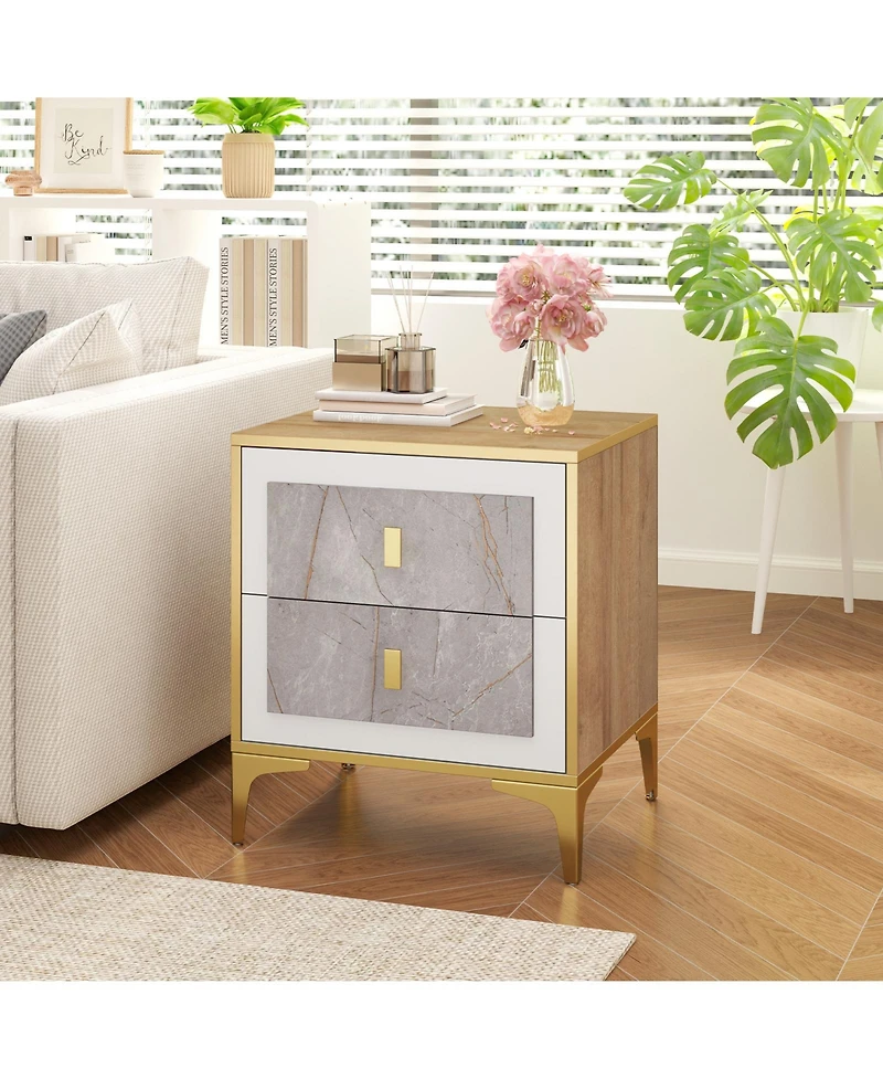 Gouun Marble-Motif Nightstand with 2 Pull-Out Drawers and Metal Legs