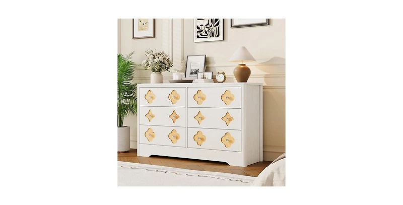gaomon 6 Drawer Dresser for Bedroom, Wide Dresser, Boho Chest of Drawers, Wooden Chest with Clothes Storage Cabinet