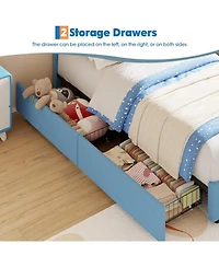 gaomon Twin Velvet Bed Frame with Bear Headboard, Led Lights and 2 Drawers, Upholstered Platform