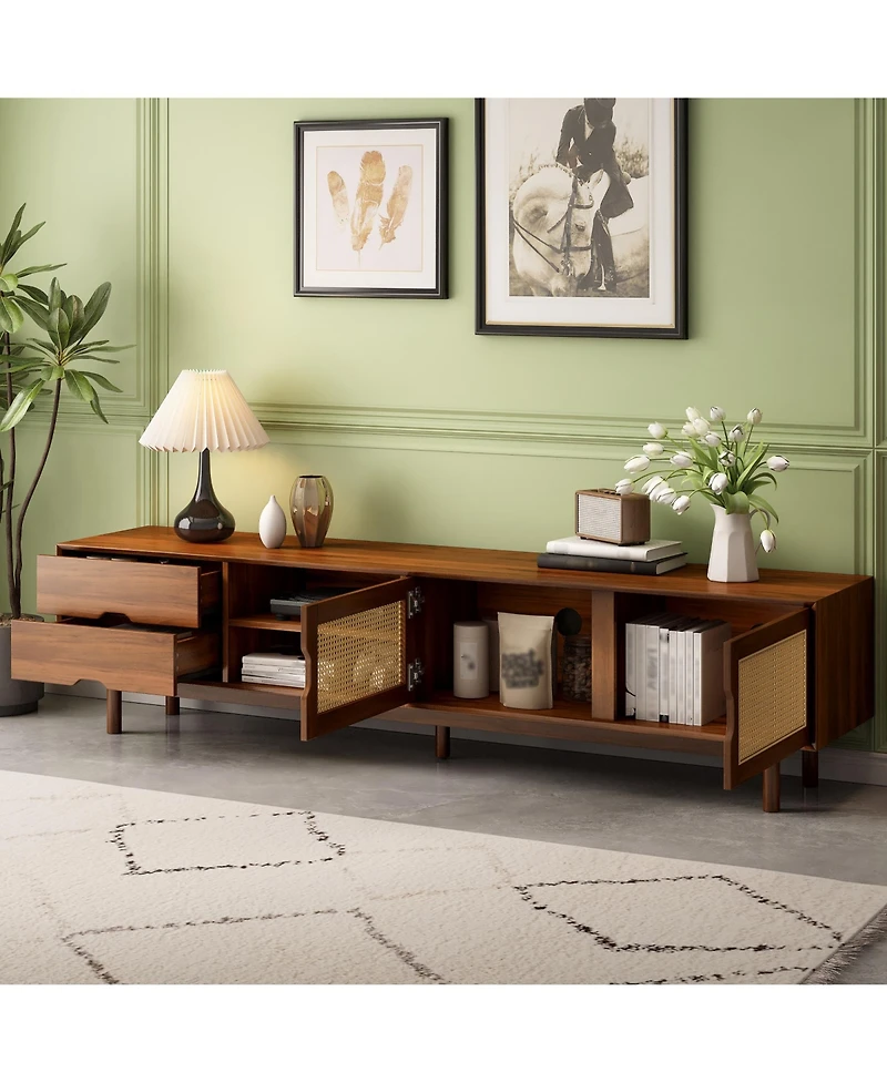 Rainsken Tv Stand for TVs up to 85 Inch, Media Console Table with 2 Drawers and Rattan Front Panels, Entertainment Center for Living Room