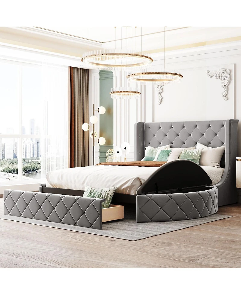 Streamdale Furniture Velvet Storage Bed w/Wingback Headboard and Drawer