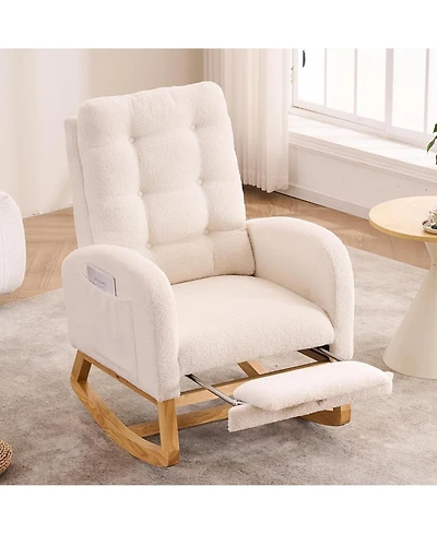Rainsken Plush Accent Rocking Chair, Teddy Upholstered Recliner Chair with Side Pocket and Retractable Footstool for Living Room, Balcony