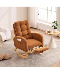 Rainsken Teddy Upholstered Recliner Rocking Chair, Soft Plush Accent Chair with Side Pocket and Retractable Footstool for Living Room, Balcony