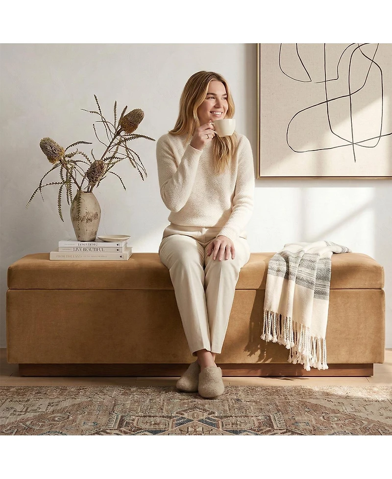 Maison Boucle 60" Velvet Storage Bench Ottoman with Lift-Top and Walnut Base