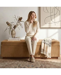 Maison Boucle 60" Velvet Storage Bench Ottoman with Lift-Top and Walnut Base