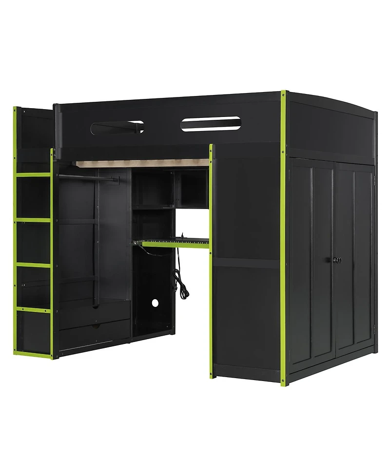 Streamdale Furniture Wood Loft Bed w/Desk, Wardrobe, Storage, Rgb Light