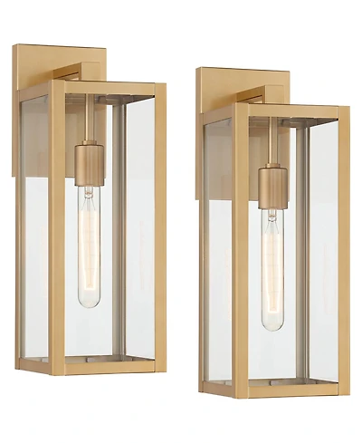 John Timberland Titan Modern Outdoor Wall Light Fixtures Set of 2 Soft Gold Rectangular Frame Clear Glass for Post Exterior Barn