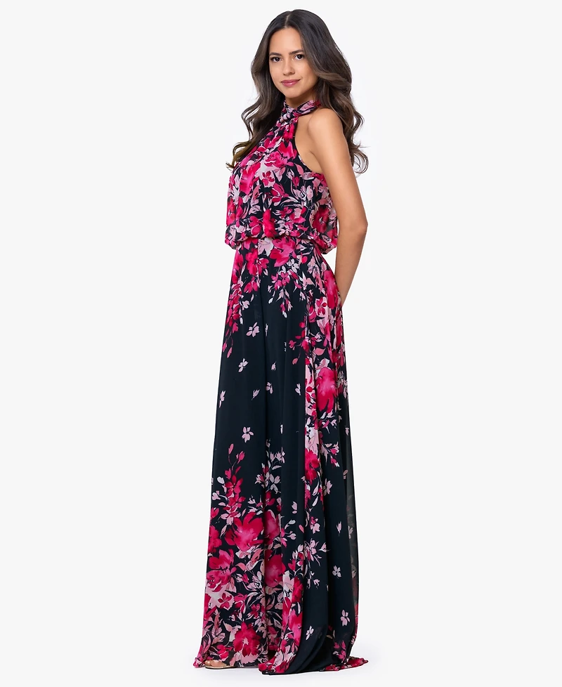 Betsy & Adam Women's Halter Neck Long Souffle Chiffon Floral Print Dress