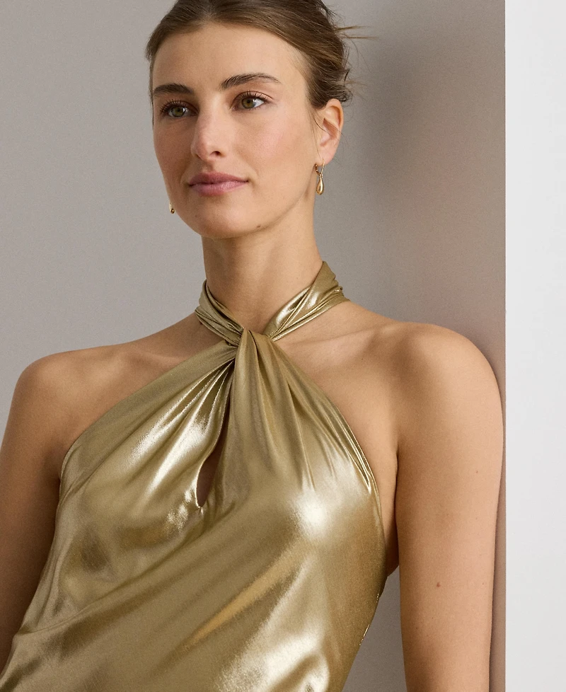 Lauren Ralph Metallic Chiffon Halter Gown