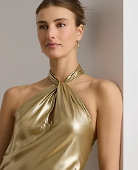 Lauren Ralph Metallic Chiffon Halter Gown