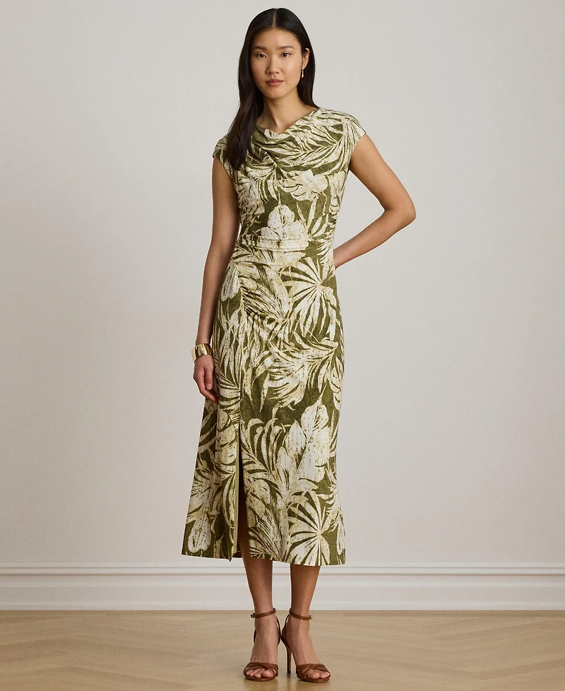 Lauren Ralph Women's Palm-Frond-Print Cowl Neck Midi Dress