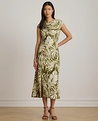 Lauren Ralph Women's Palm-Frond-Print Cowl Neck Midi Dress