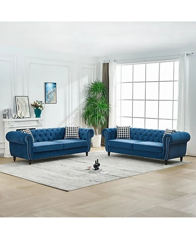 Streamdale Furniture 3 And 3 Velvet Chesterfield Sofa with Roll Armrest and Nailhead