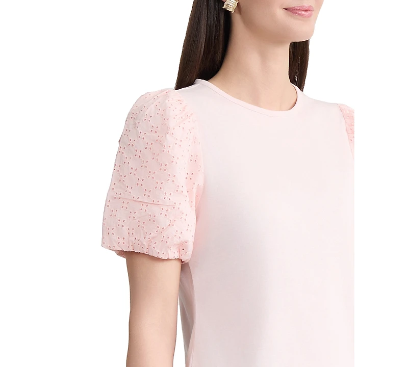 Jones New York Women's Eyelet Puff-Sleeve Crew Neck Top