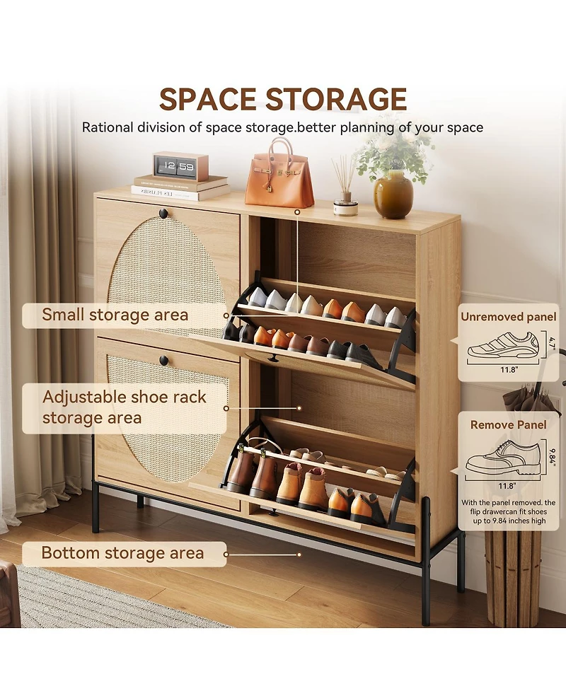 Streamdale Furniture Rattan Shoe Cabinet, 4-Door Flip, Narrow Entry Storage