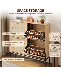 Streamdale Furniture Rattan Shoe Cabinet, 4-Door Flip, Narrow Entry Storage