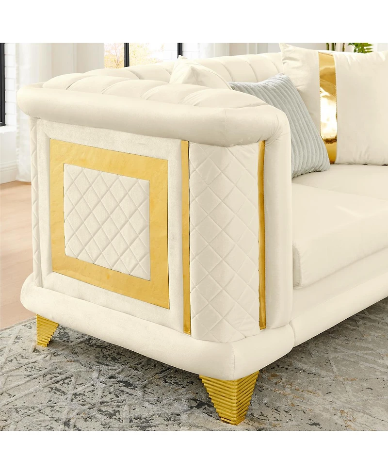 Streamdale Furniture Velvet 3-Seater Sofa with Gold Trim and Pillows